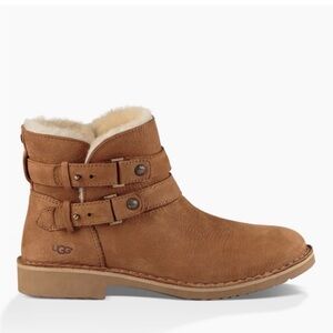 UGG Aliso Chestnut Tan Leather Shearling Ankle Boots Buckle Sz 7 Moto Cozy